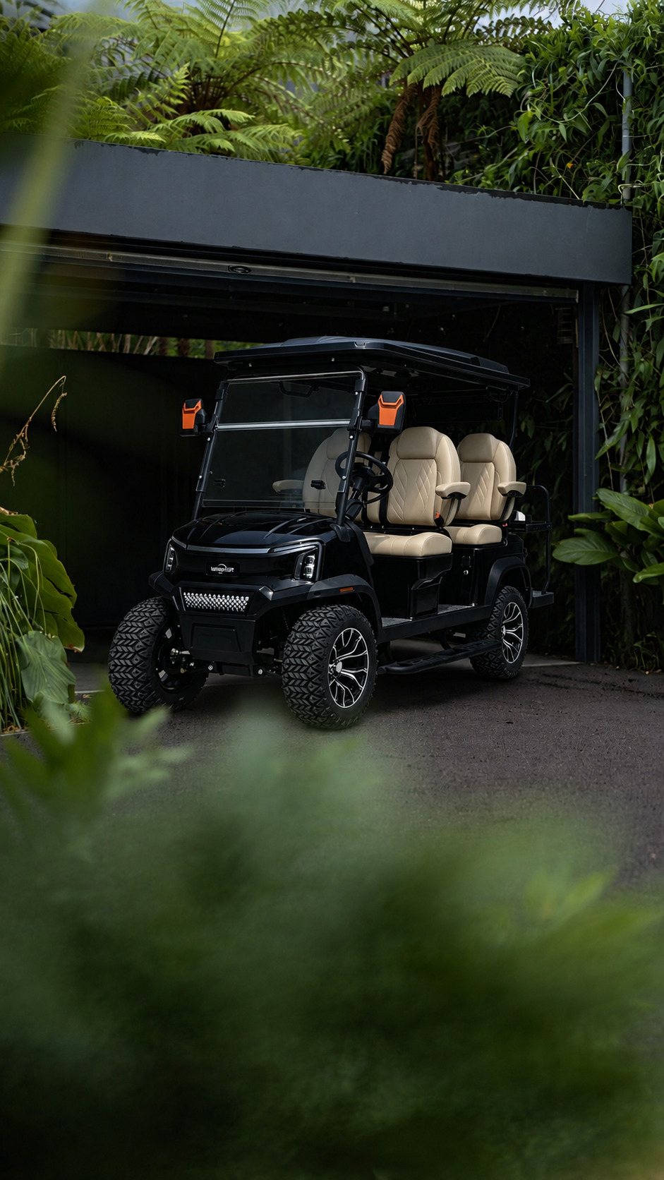 White Cortéa cart with black seating at a private landscaped residence